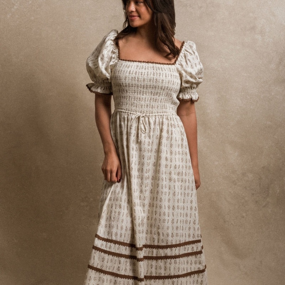 Chic Smocked Maxi Dress in Cream and Brown
